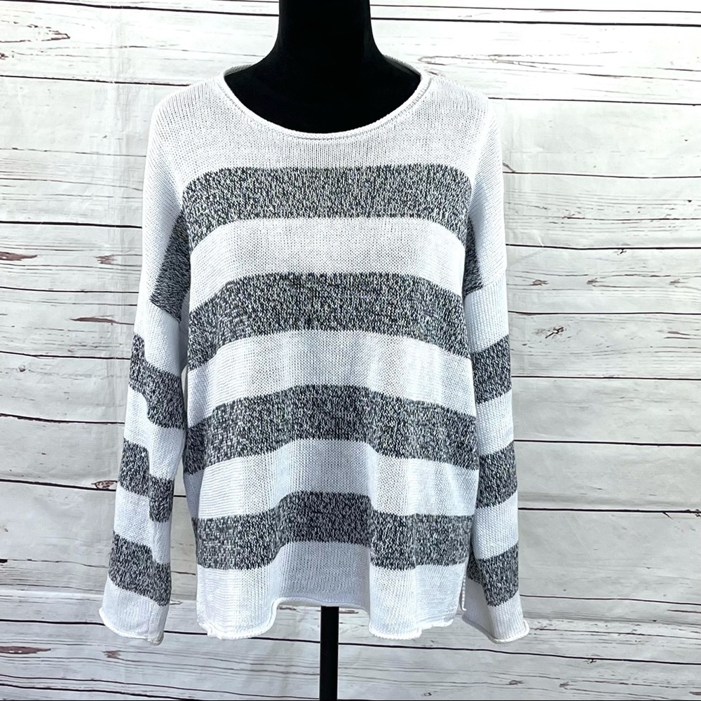 Eileen Fisher Women’s Pullover Sweater White Striped 100% Organic Linen Size L
